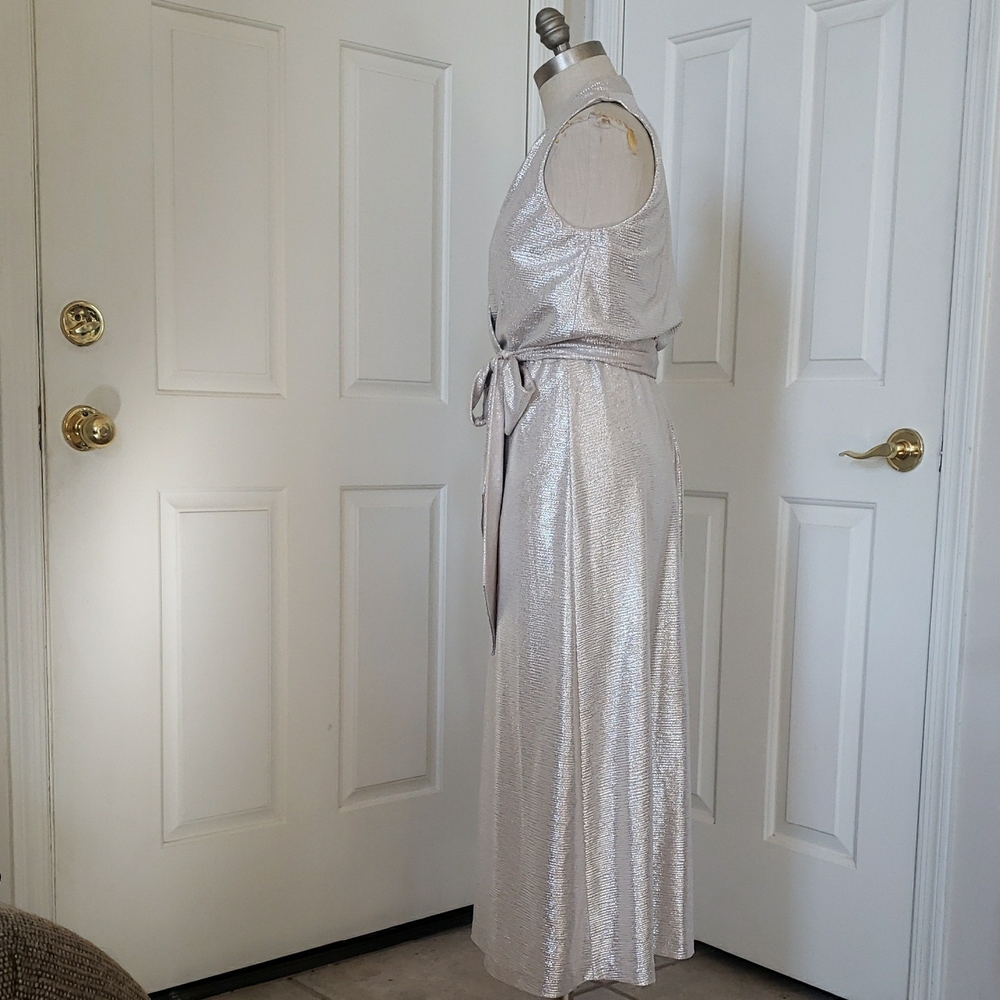 Lauren Ralph Lauren Silver Metallic Wrap Dress | Sleeveless Evening Gown SIZE 2 - Picture 4 of 16